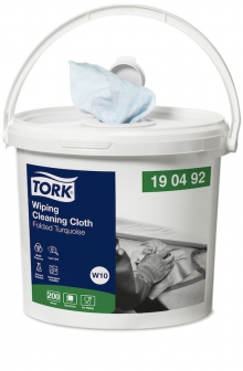 Čistící utěrky Tork Low-Lint, role se středovým odvíjením v přenosném balení Handy Bucket, 60 m, tyrkysové